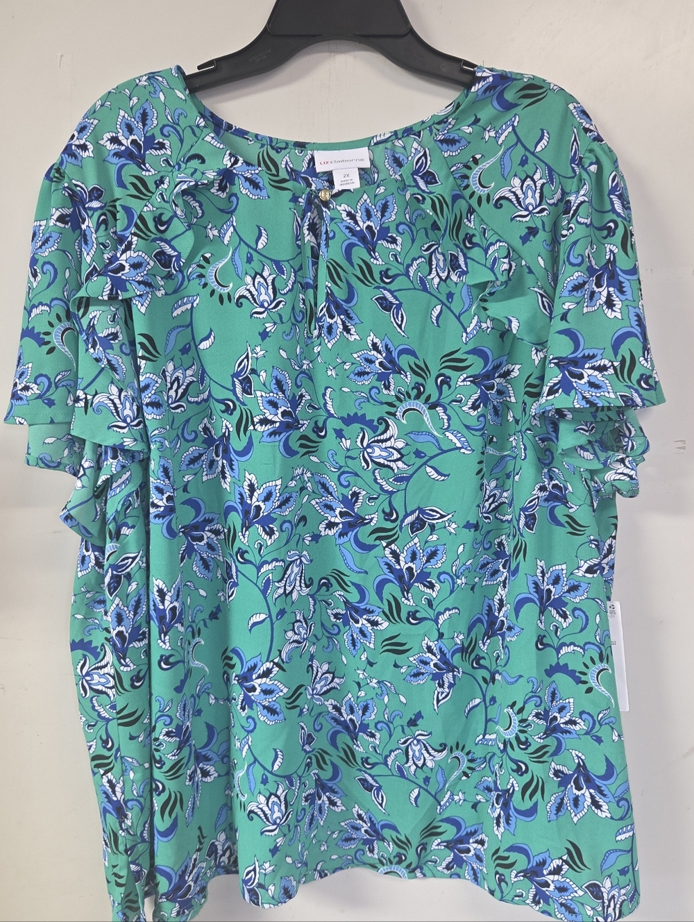 Liz Claiborne Teal  Floral Ruffle Sleeve Blouse